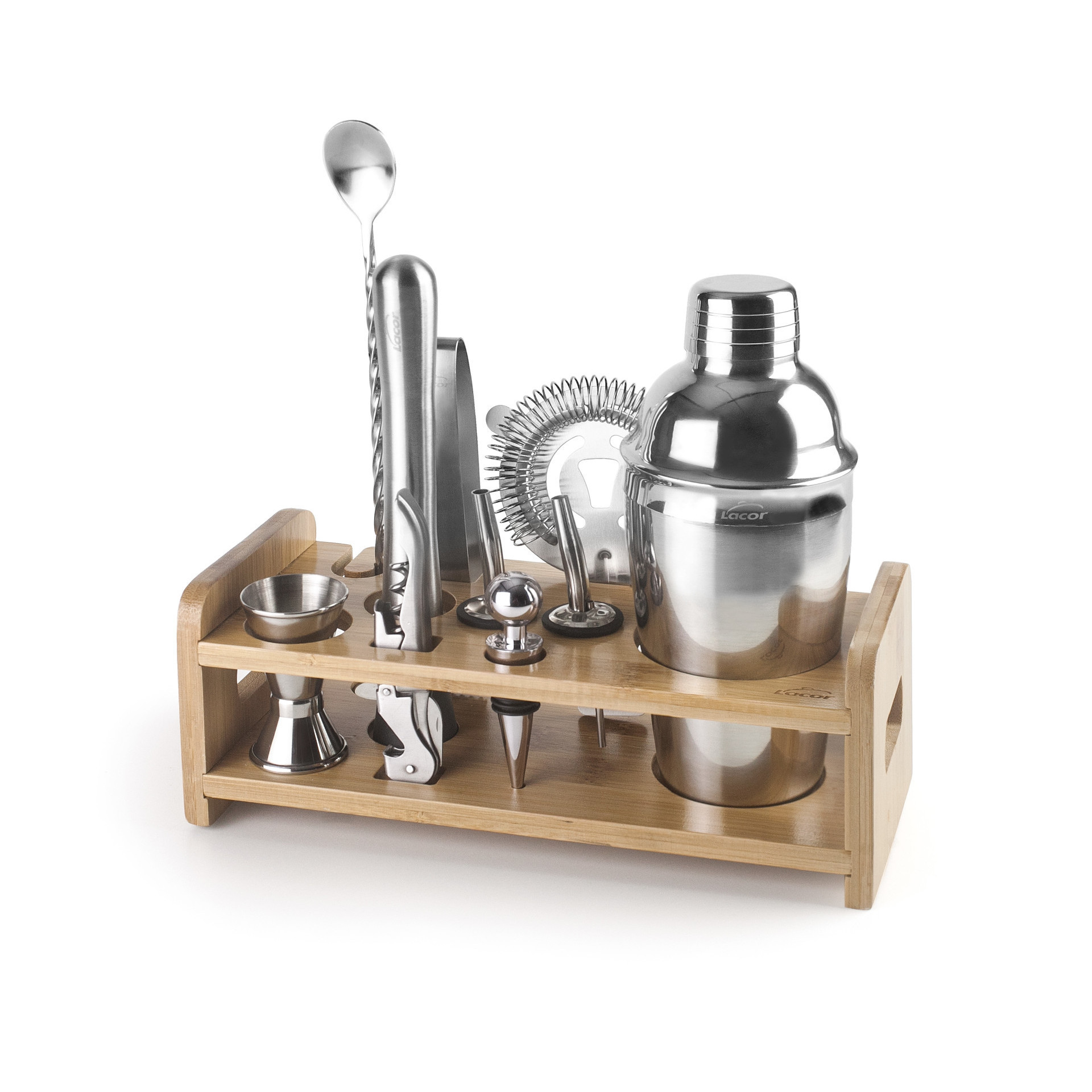 Kit barman cocktail inox Professionnel avec Support en Bois